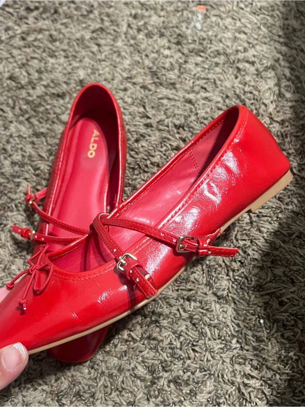 ALDO Red Mary Jane Ballet Flats with Bow and Ankle Strap